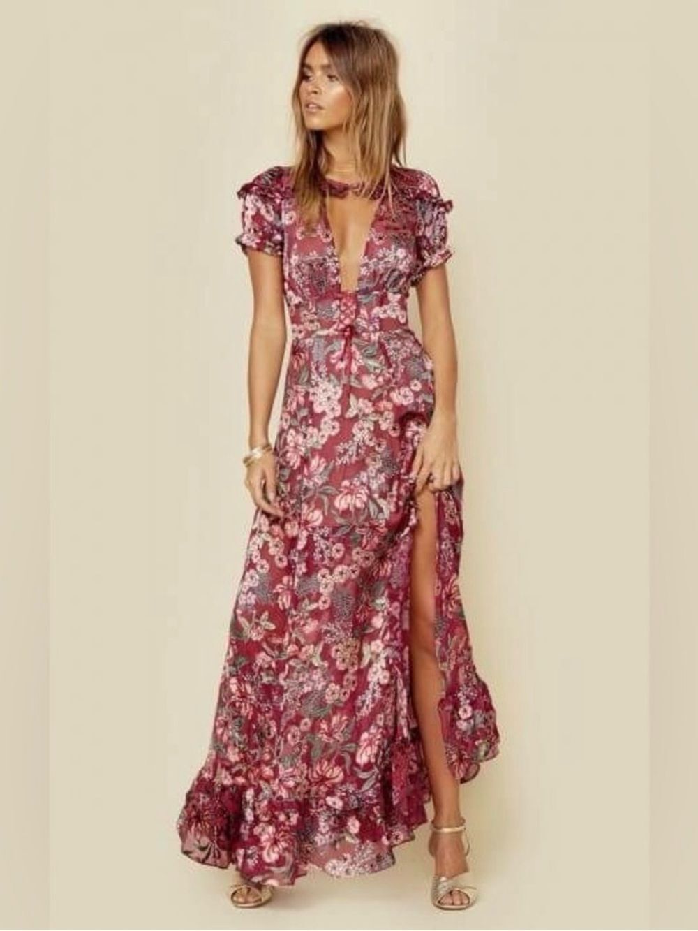 NWT For Love & Lemons Flora Maxi Dress Berry Sz M
